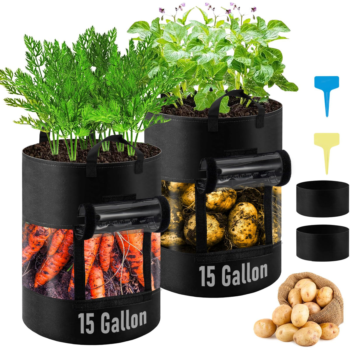 VICAMB 2-pack 15-gallon grow bags stacked for balcony gardening.