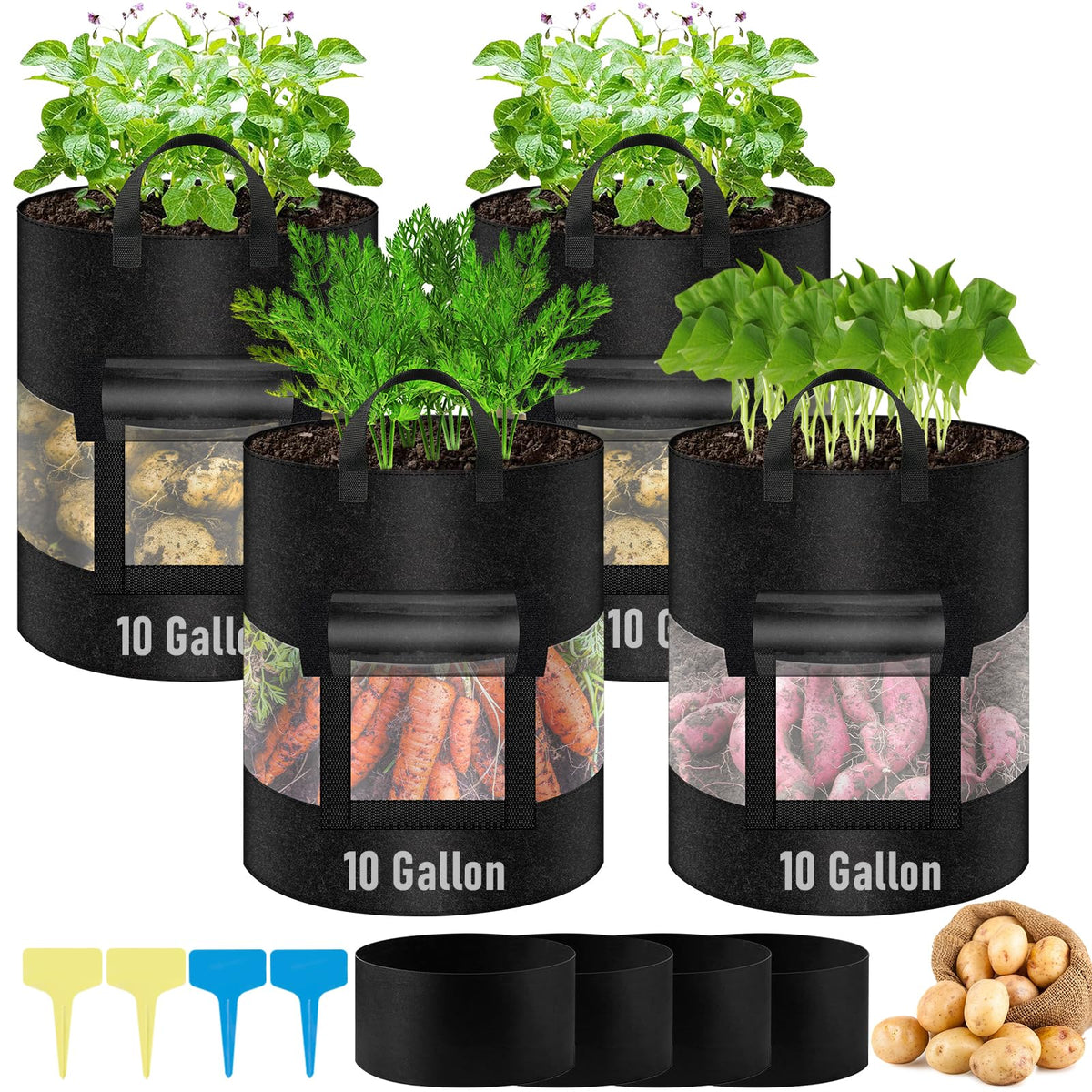 VICAMB 4-pack 10 gallon grow bags with 360° visibility for easy growth checks