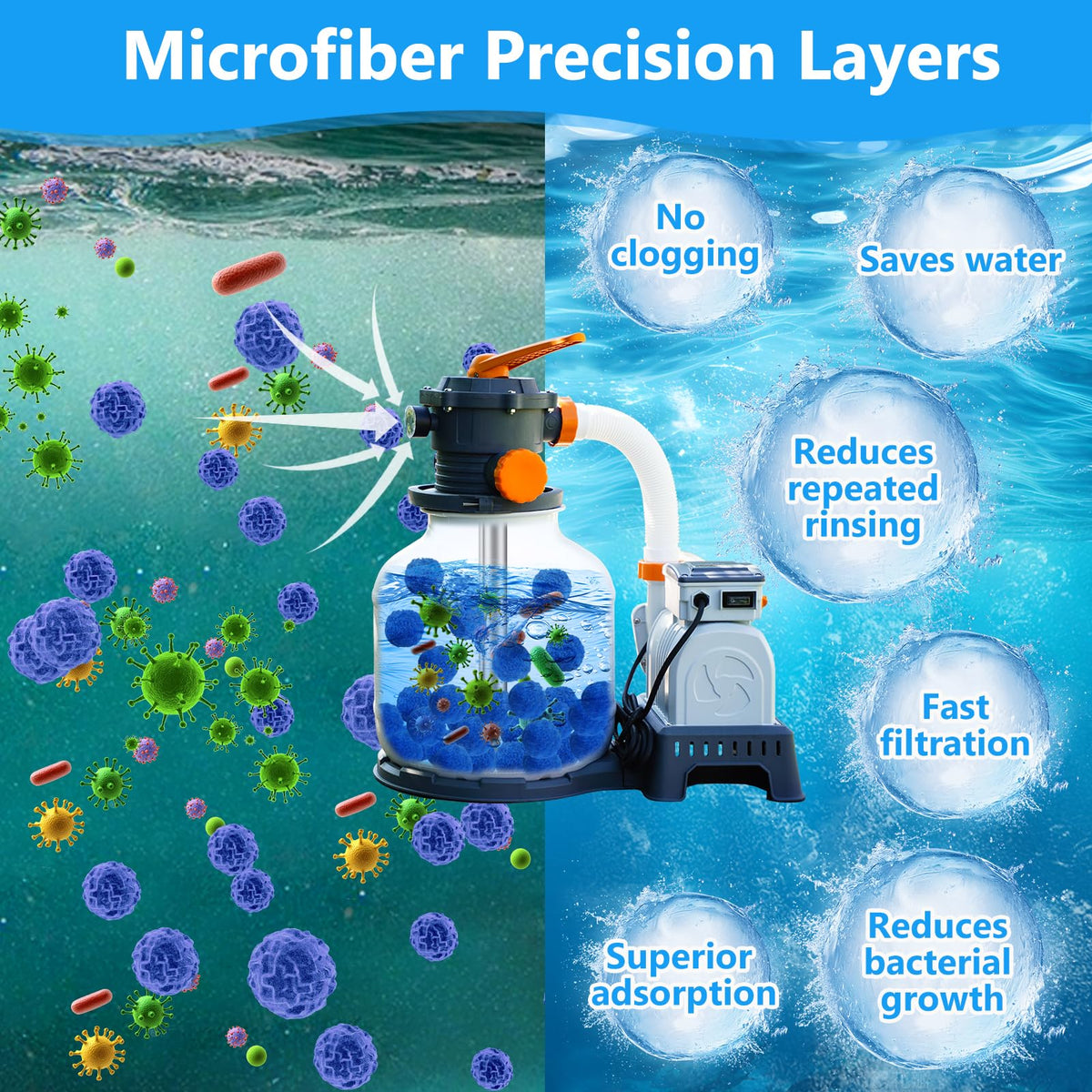 VICAMB filter ball in water shows quick purification in pools.