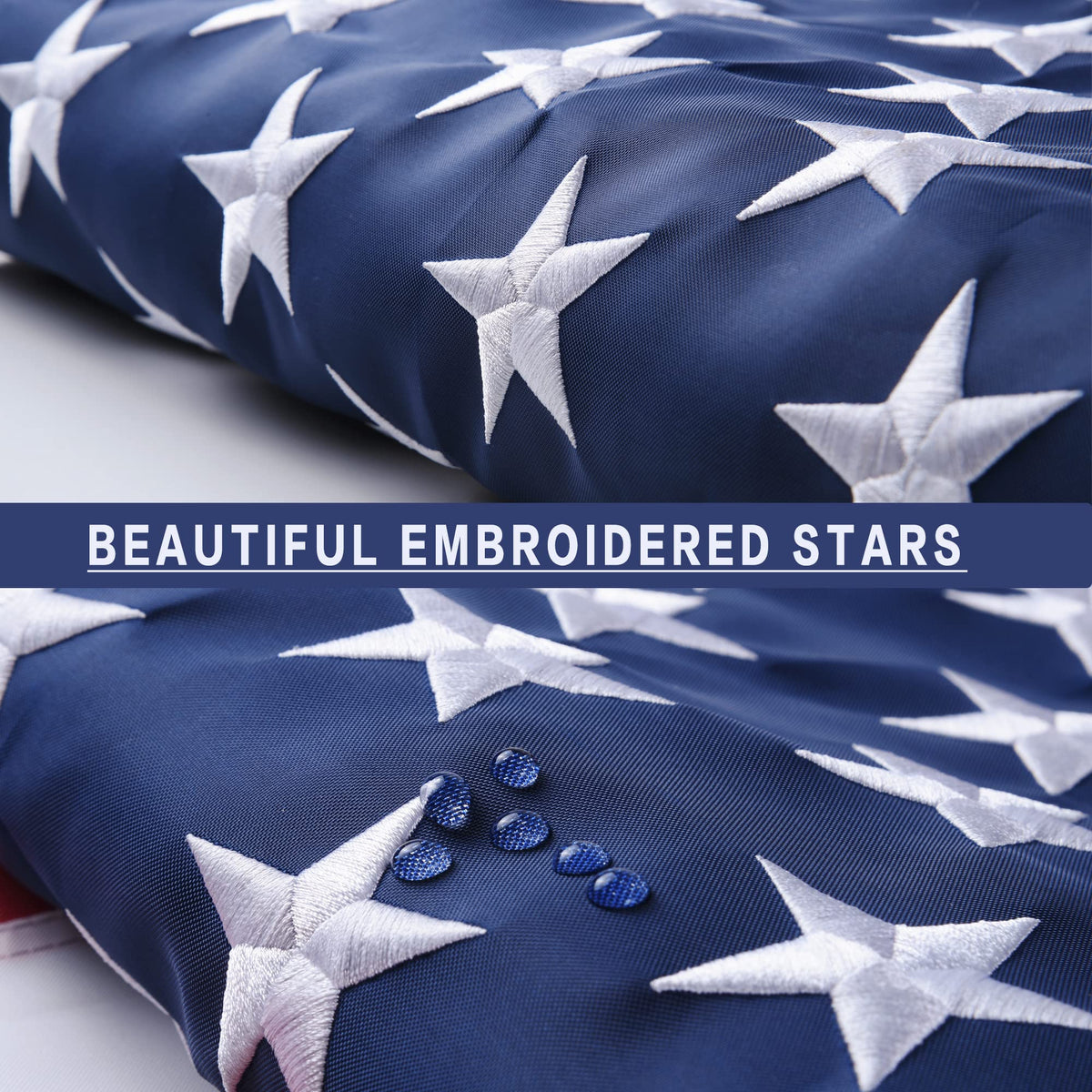 VICDRIA close-up of embroidered stars highlighting premium craftsmanship