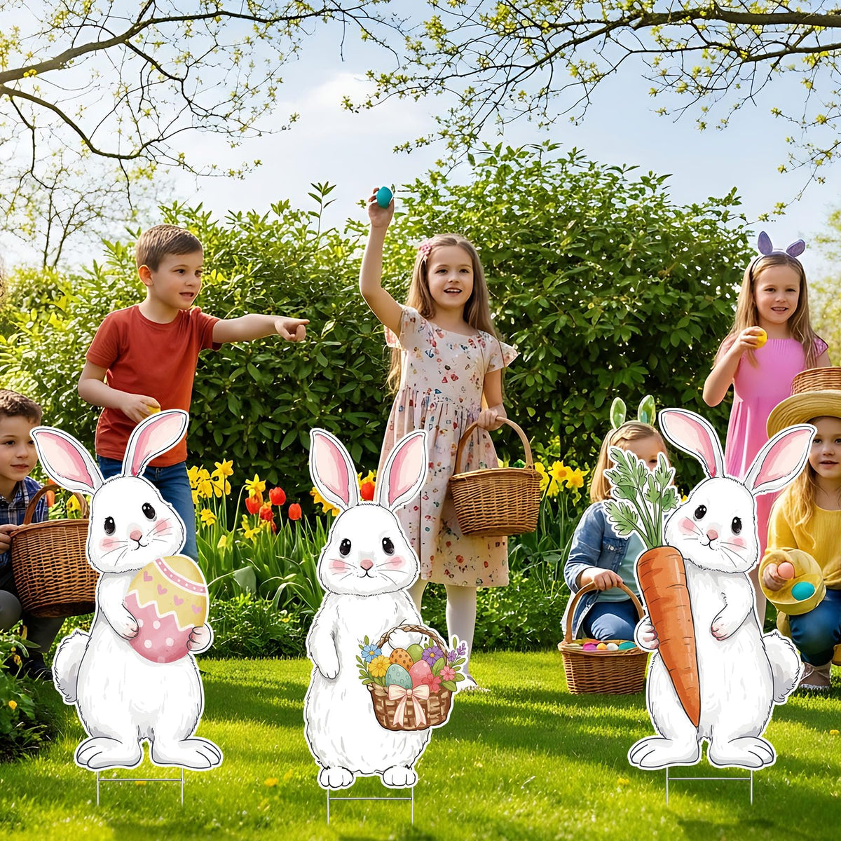 Vicenpal rustic bunny yard sign set adds whimsy to garden.
