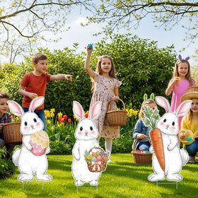 Vicenpal rustic bunny yard sign set adds whimsy to garden.