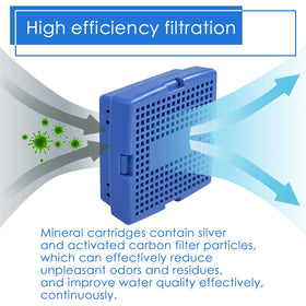 Vickmons mineral cartridge close-up highlighting silver and carbon filtration