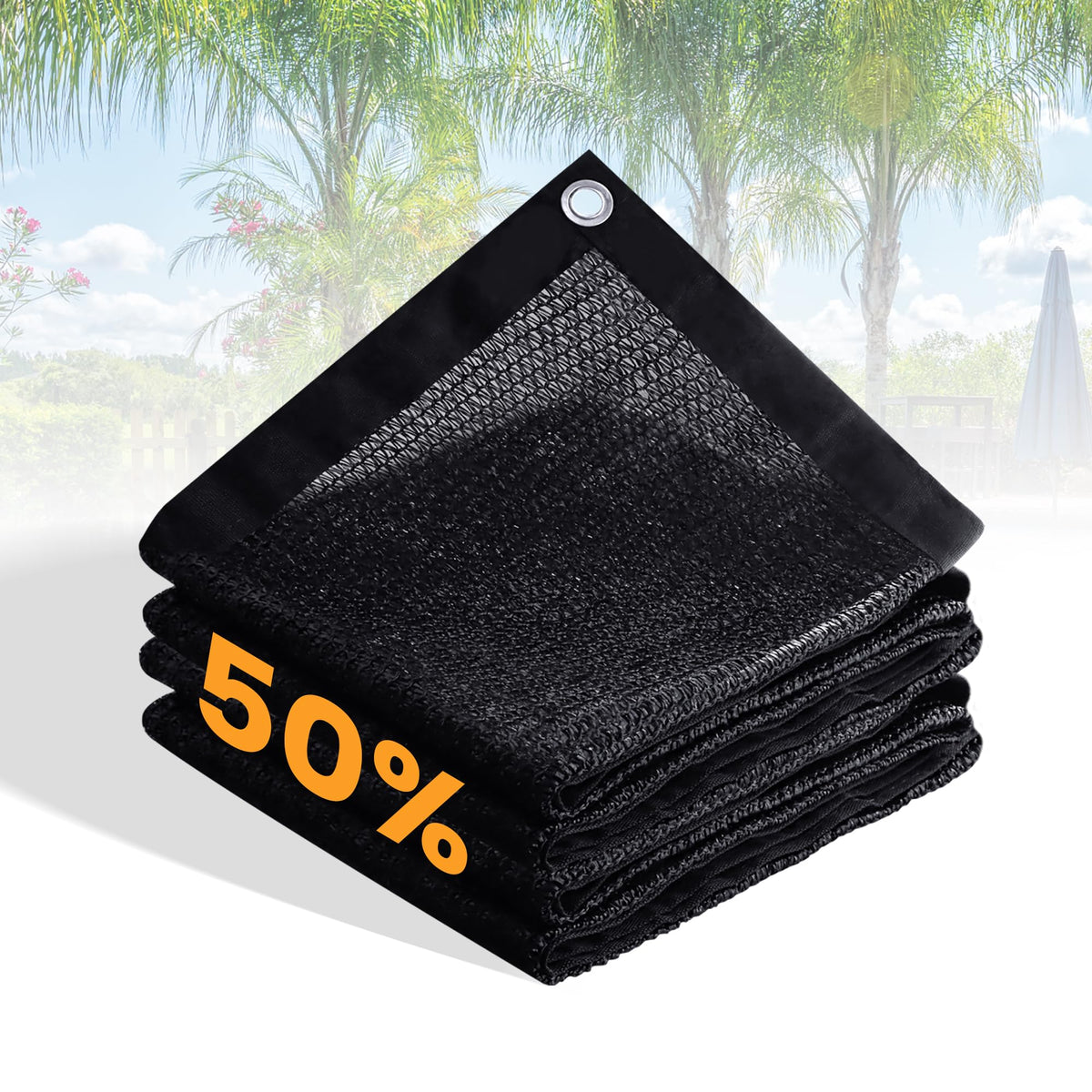 VICLLAX 50% shade fabric over a garden bed protecting vegetables from harsh sun.