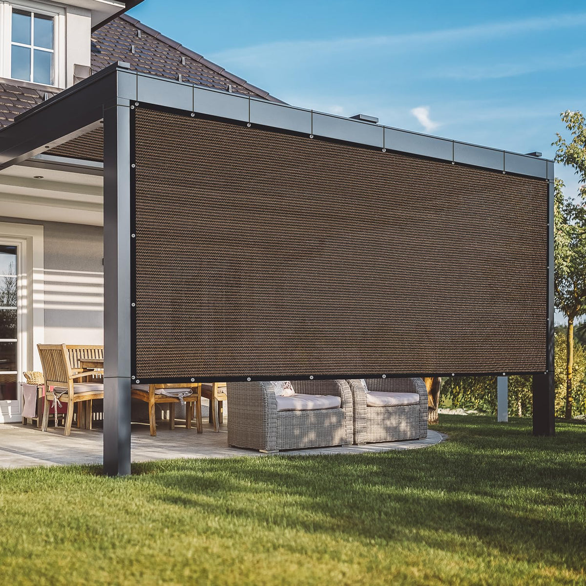 Reinforced edges on Vicllax shade fabric resist wind and wear.