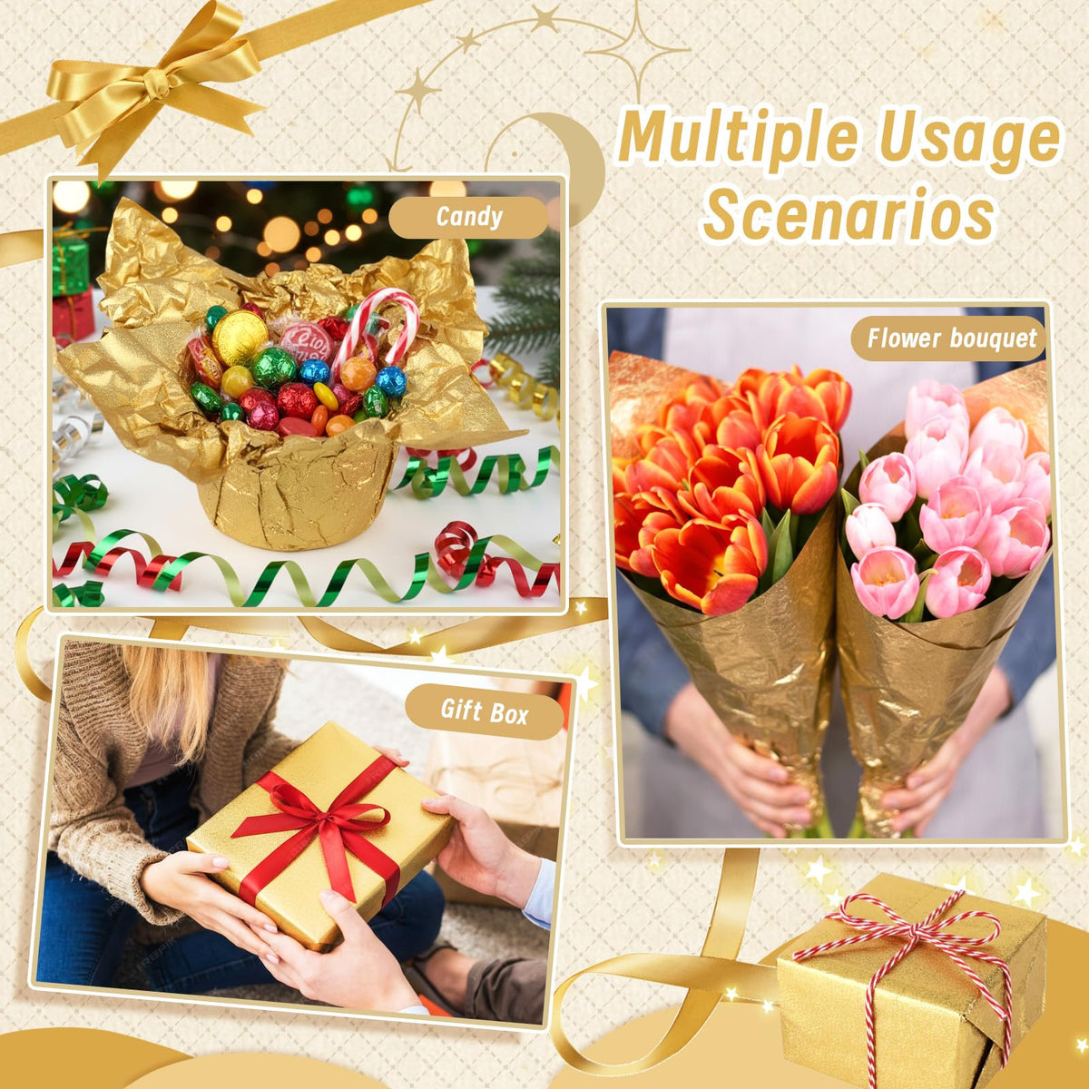 Vicosela gold foil close-up shows texture and shine for festive wrapping.