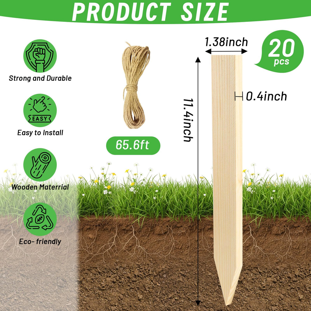 Vicosela wooden stakes with 65.6ft twine for easy, quick garden setup.