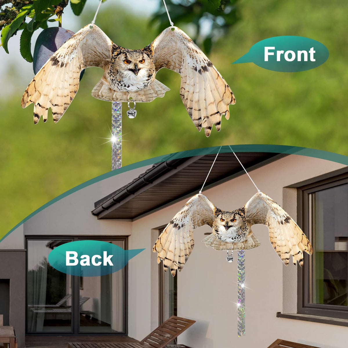 Vicsiyi garden owl on a tree helps reduce bird visits to plants.
