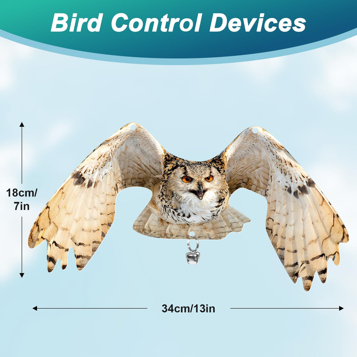 Vicsiyi owl with reflective tape deters birds in sunlit garden and patio.