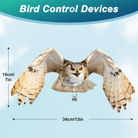 Vicsiyi owl with reflective tape deters birds in sunlit garden and patio.