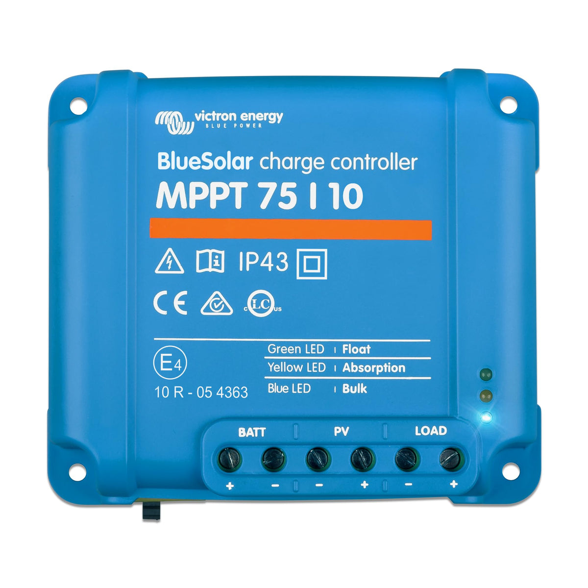 Victron Energy BlueSolar MPPT controller front view, compact and efficient for solar charging.