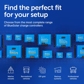 Victron Energy BlueSolar MPPT controller status indicators for quick checks.