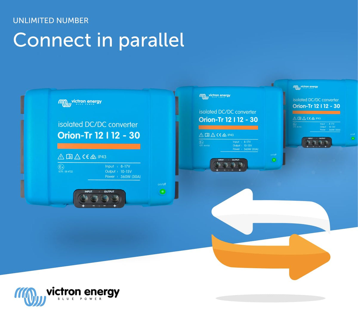Victron Energy Orion-Tr DC input/output ports enable flexible connection options.