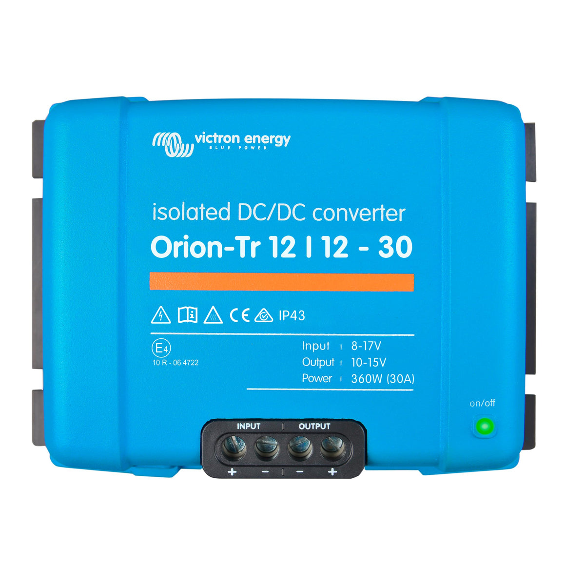 Victron Energy Orion-Tr front view showing compact, rugged DC-DC converter for dual battery setups.
