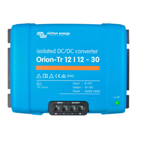 Victron Energy Orion-Tr front view showing compact, rugged DC-DC converter for dual battery setups.