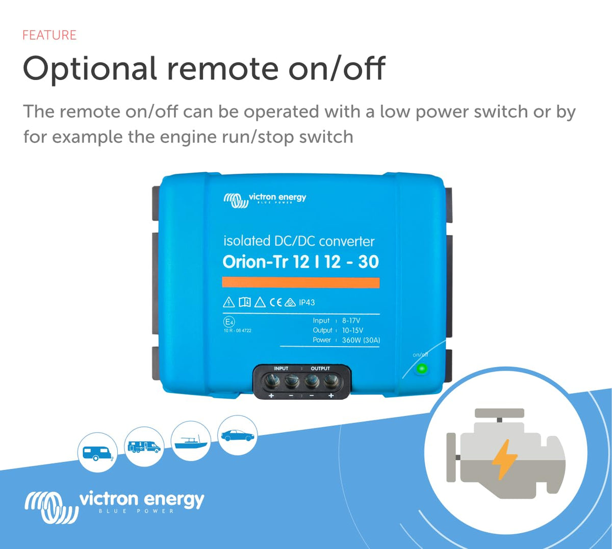 Victron Energy Orion-Tr side ports highlighting easy access for simple installations.