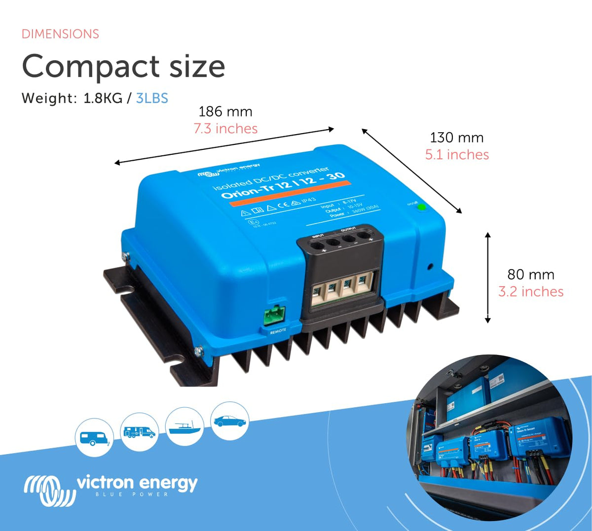 Victron Energy Orion-Tr terminal screws enable quick wiring with screw terminals.