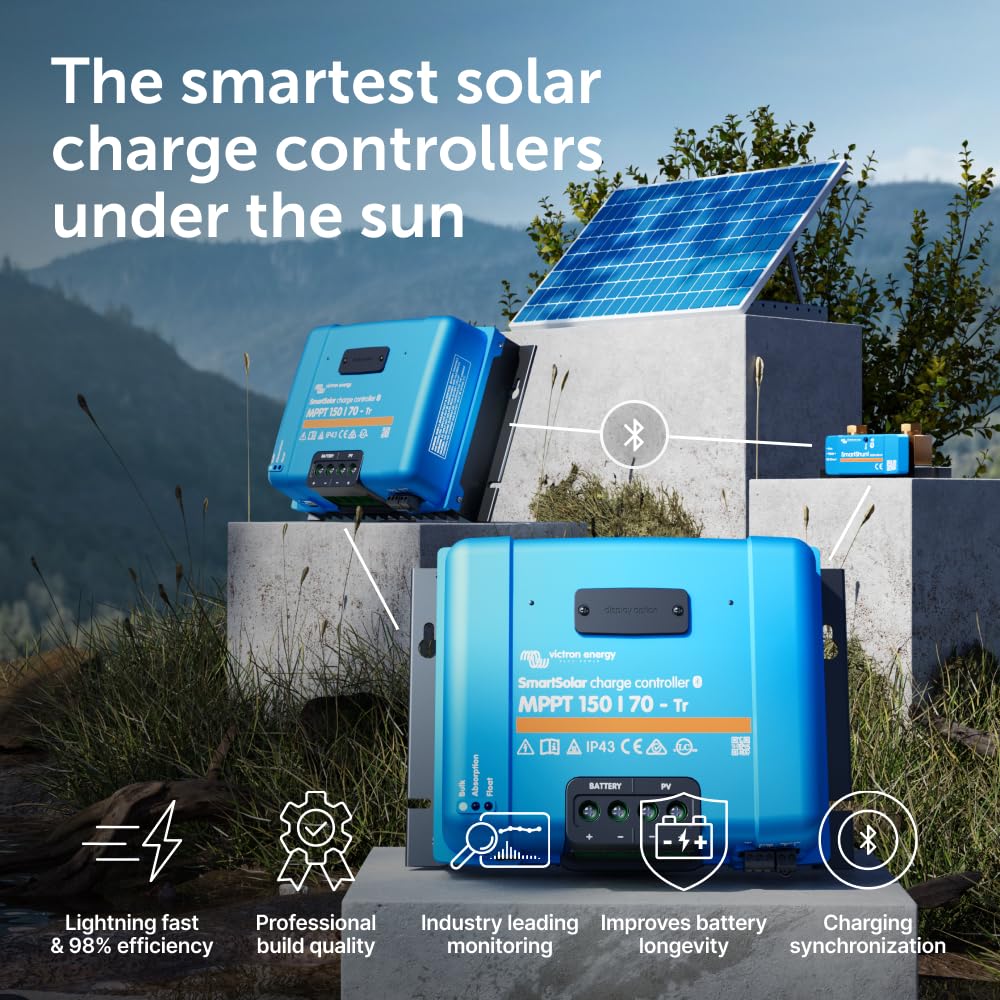 Victron Energy SmartSolar MPPT controller with Bluetooth connection for real-time monitoring.