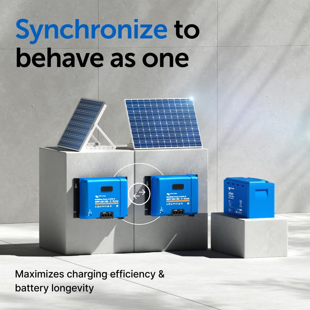 Victron Energy SmartSolar MPPT TR VE.Can Bluetooth app connection aids real-time monitoring