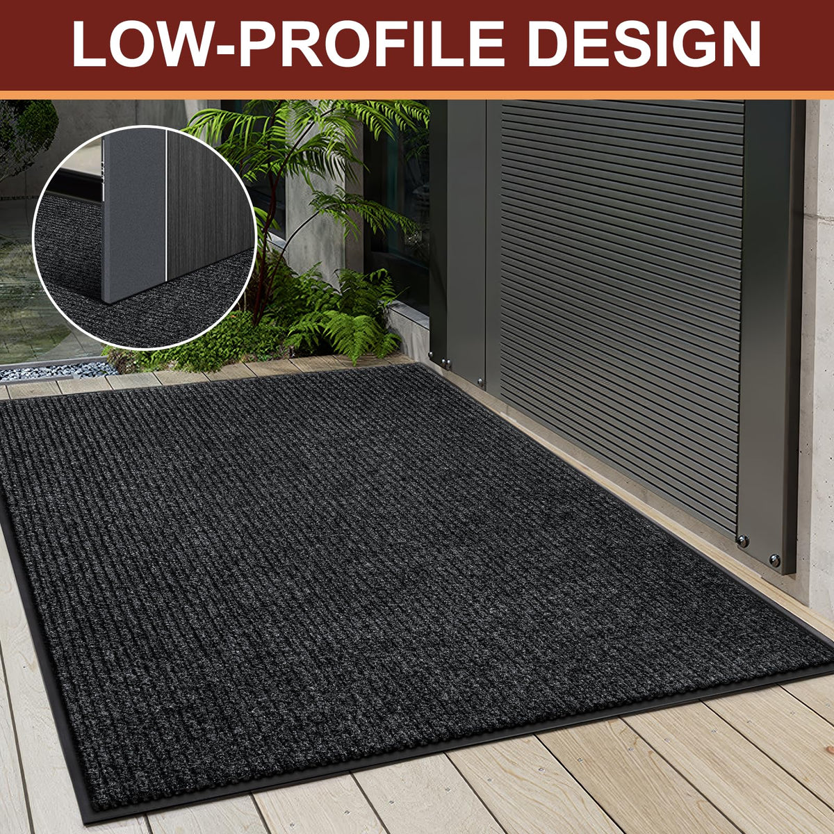 Vicwe door mat high-low rib design traps dirt at entry.