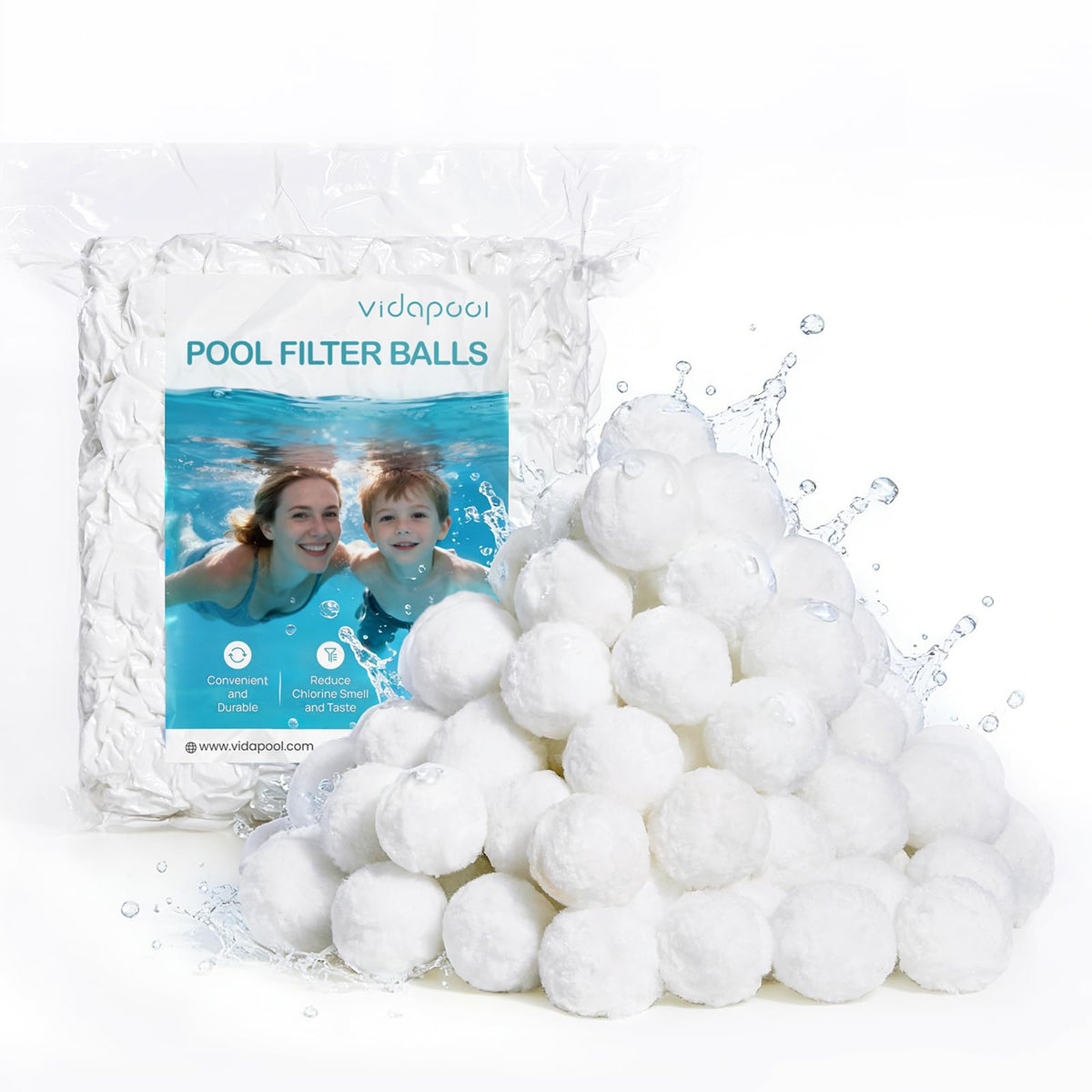Vidapool filter balls closeup showing ultra-fine filtration for clearer pool water