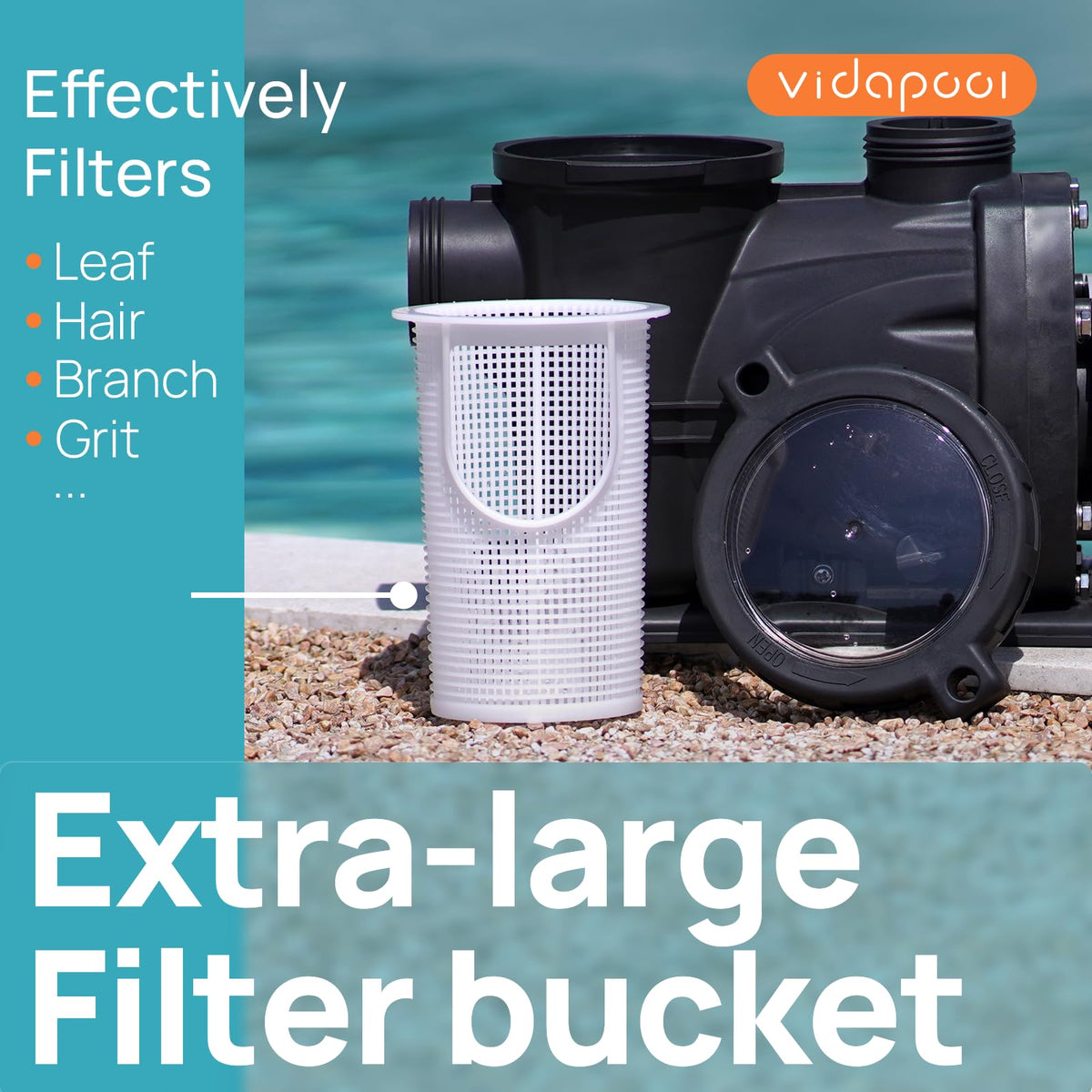 Vidapool pool pump filter basket captures debris efficiently during circulation.