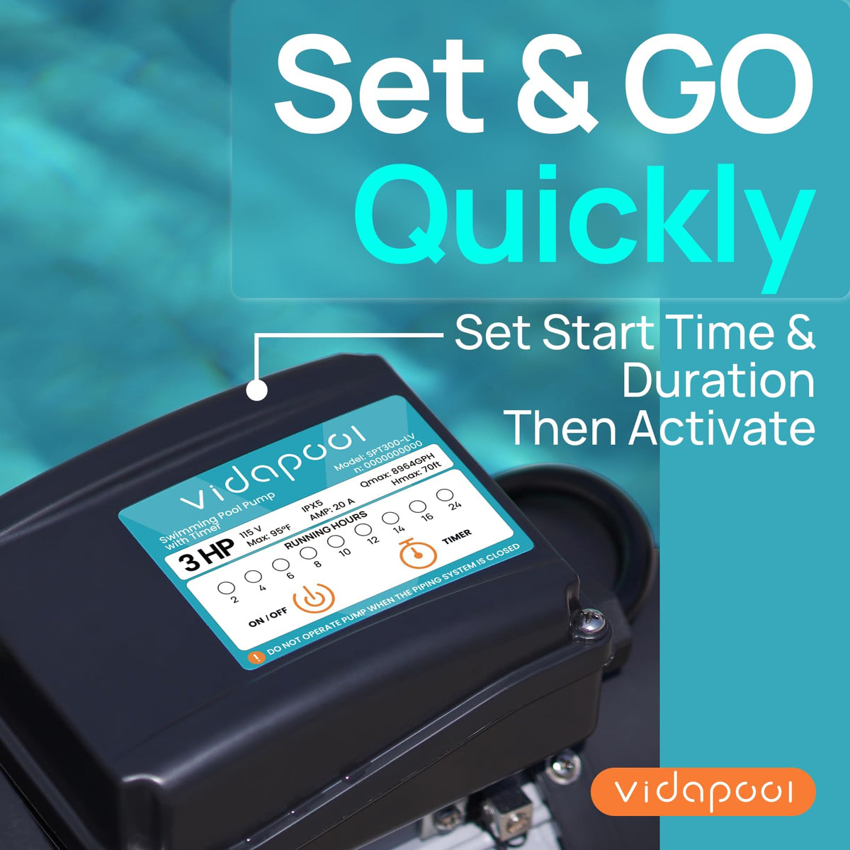 Vidapool pool pump side view highlighting whisper-quiet operation during pool days.