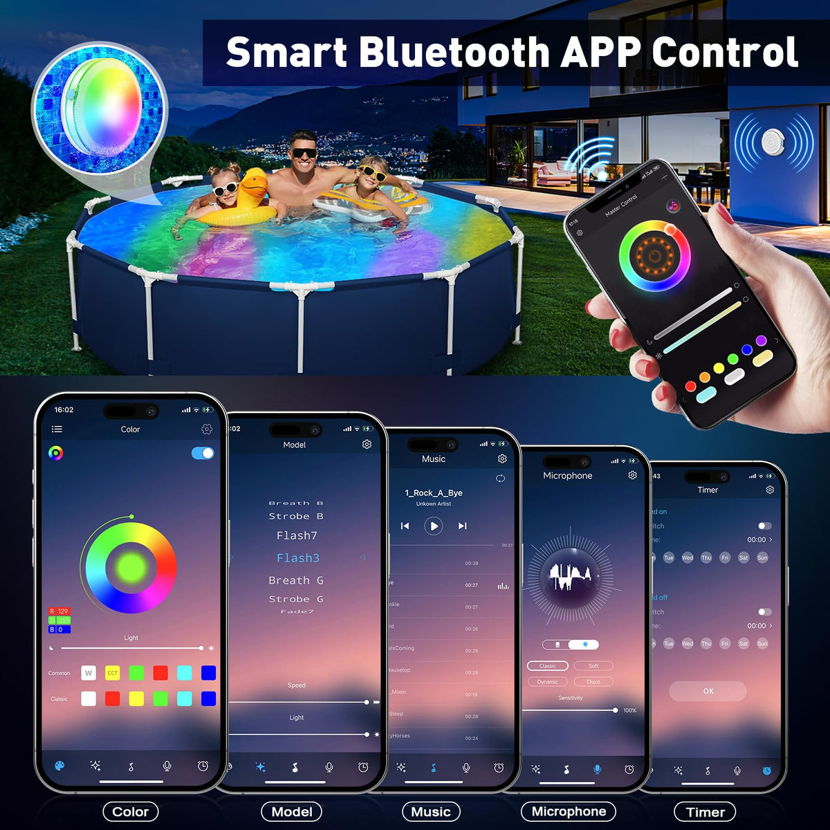 VIDOME rechargeable 5000mAh battery powers long-lasting pool lighting sessions.