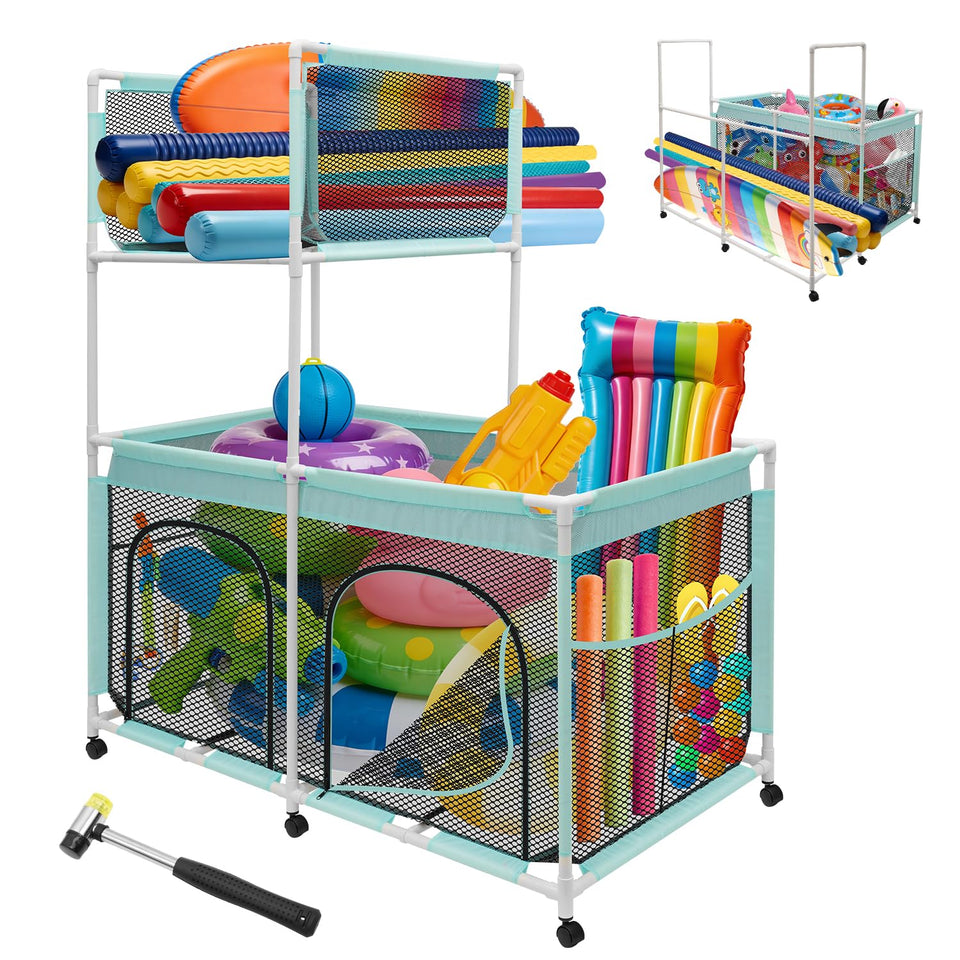 Vidoya pool storage bin filled with floats and towels for organized outdoor storage