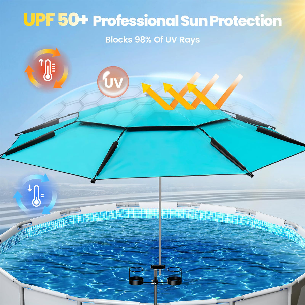 Vidoya pool umbrella with two cup holders keeps drinks within reach