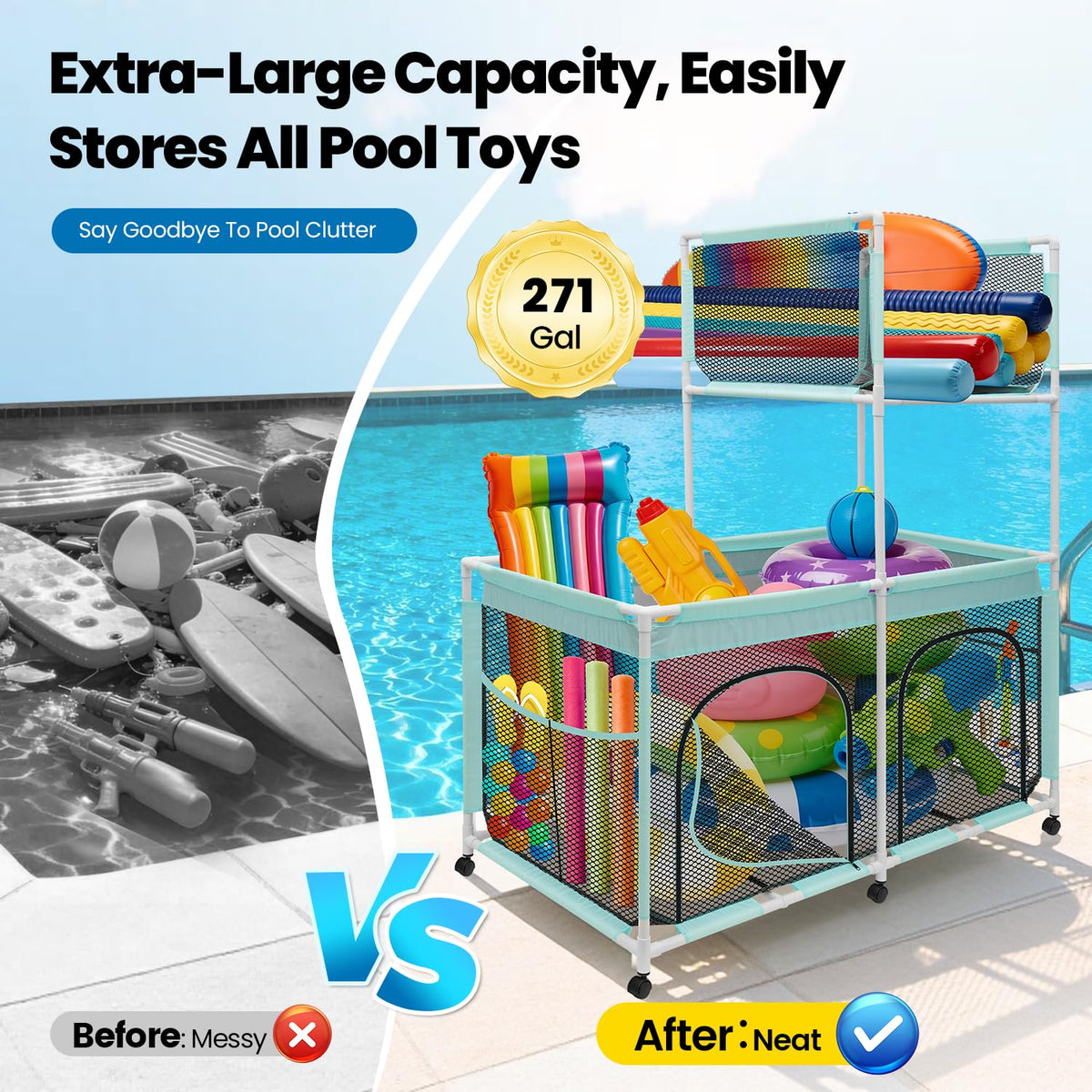 Vidoya rolling pool toy organizer with nine wheels ready to move