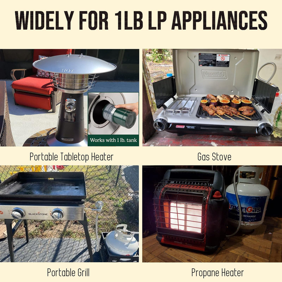 VIEAUBE compatibility with Buddy Heater and Weber Q stoves for outdoor cooking and warmth