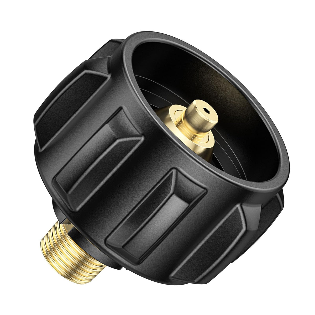 VIEAUBE QCC1 propane adapter assembly ready for secure connection.