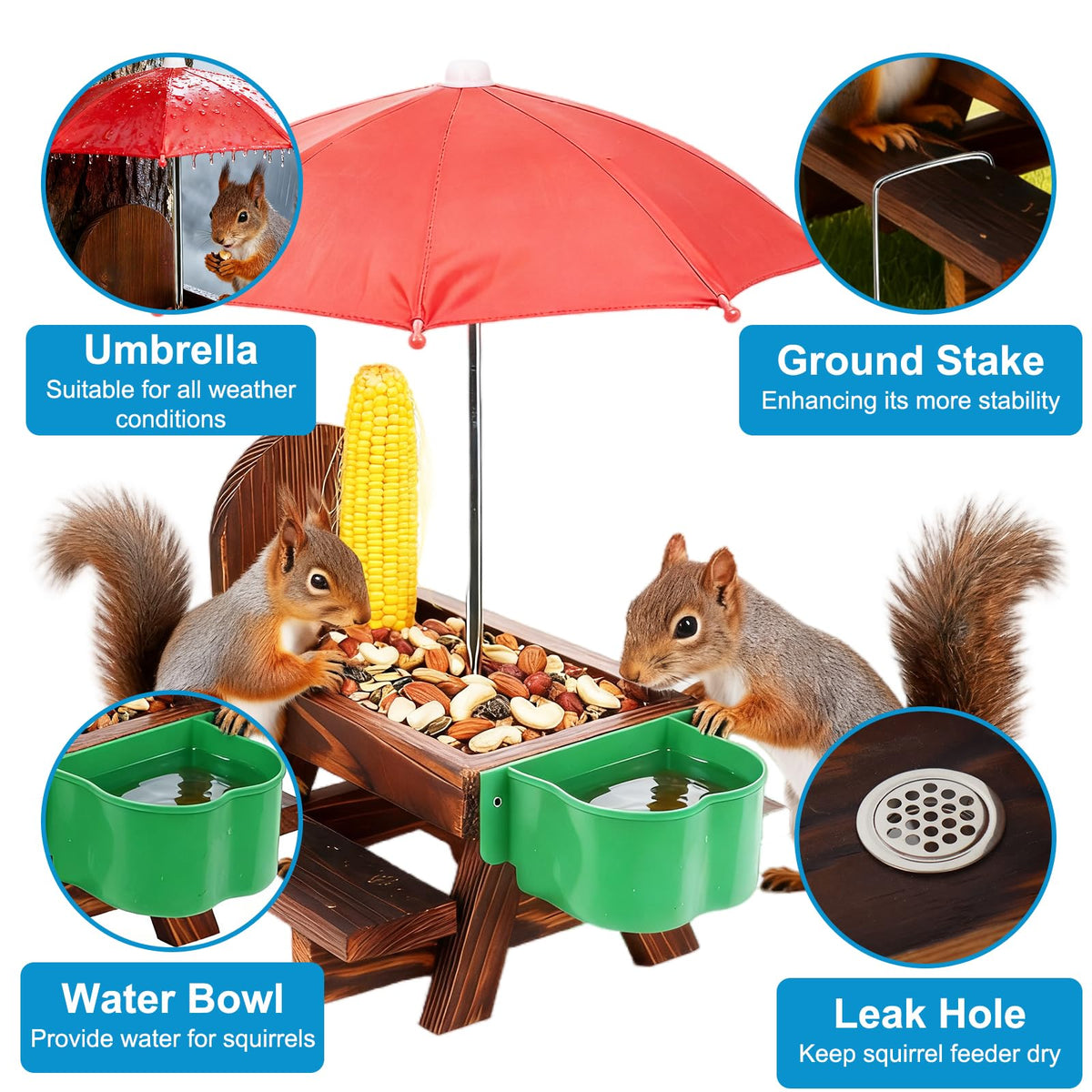 Vigormar Squirrel Feeder umbrella provides shade and rain protection