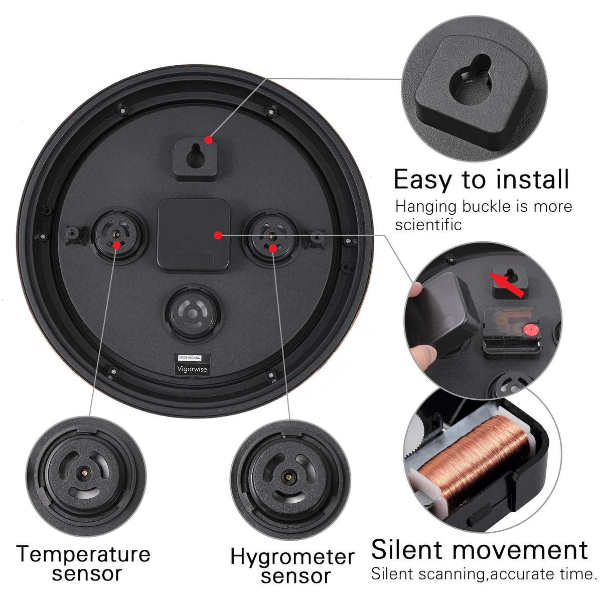 Vigorwise analog thermometer-hygrometer dial shows temperature and humidity at a glance.