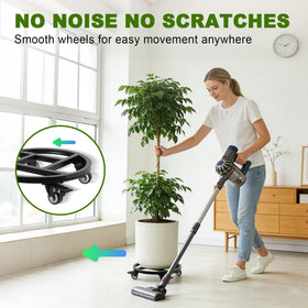 Vigorwise plant stand shown in a living room highlights quiet wheels and style.