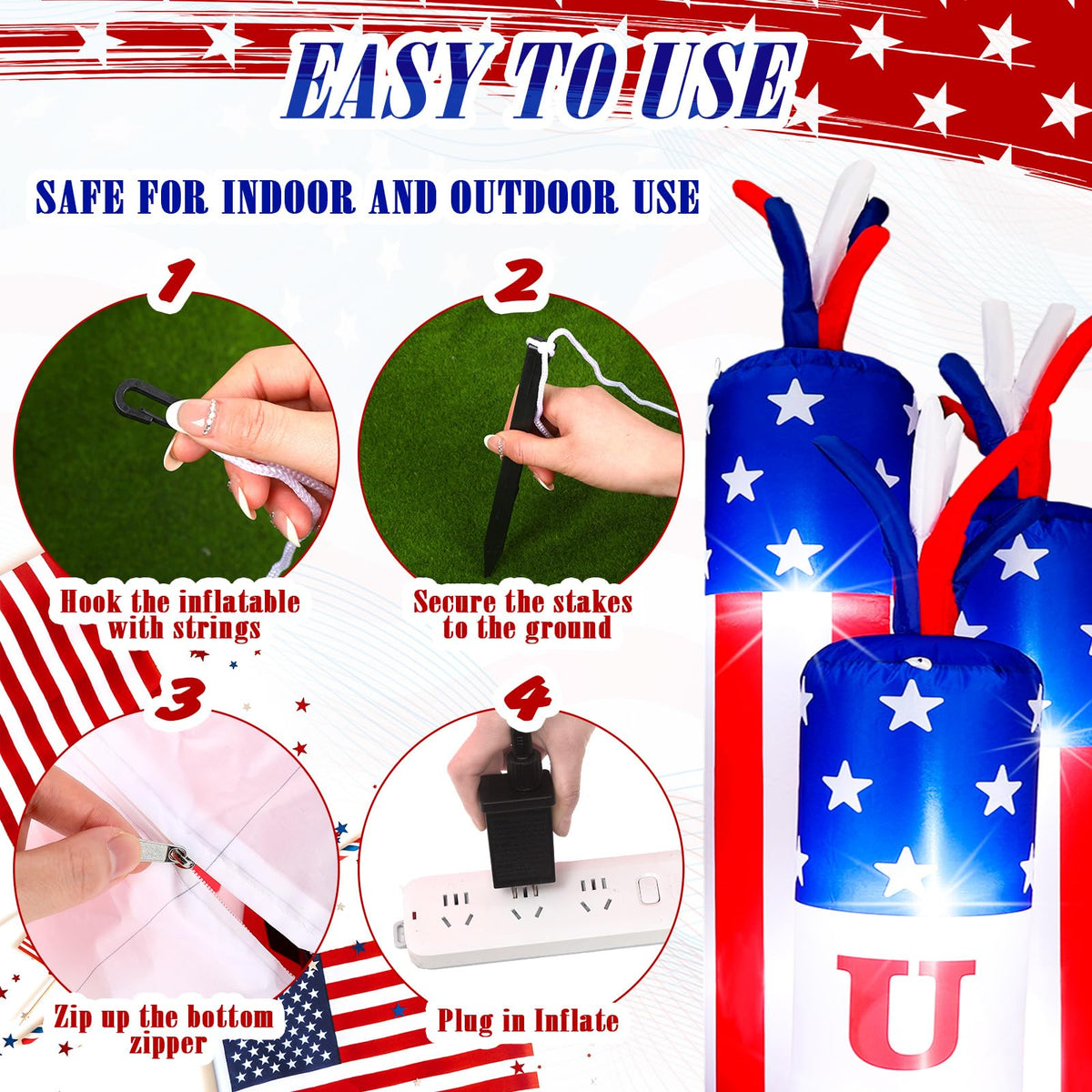 VIHOSE 4ft patriotic inflatable close-up showing built-in LED