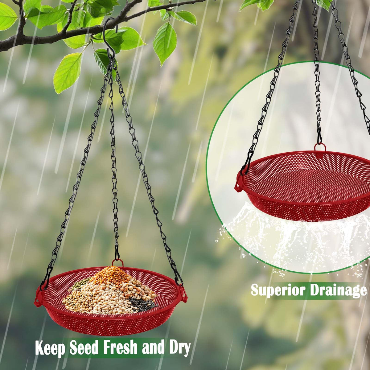 Sturdy metal hanging hardware prevents tipping during multi-bird visits.