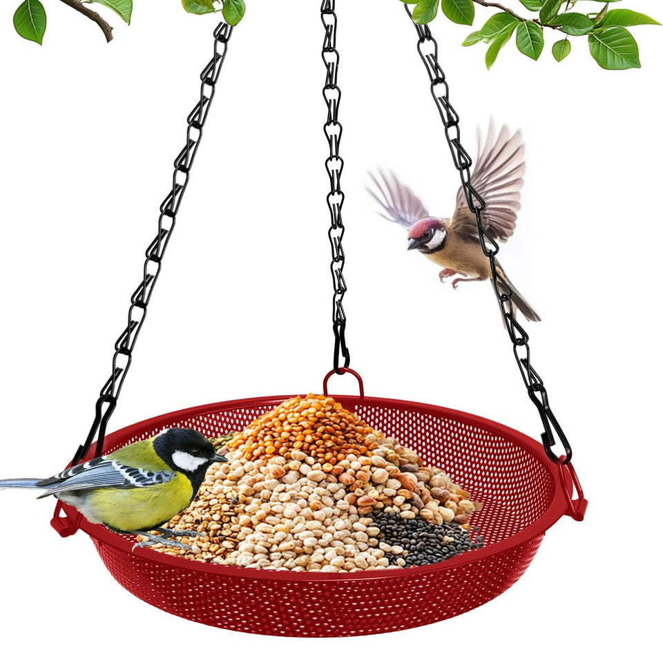VIHSIPR hanging bird feeder outdoors with 9-inch mesh tray attracts small wild birds.