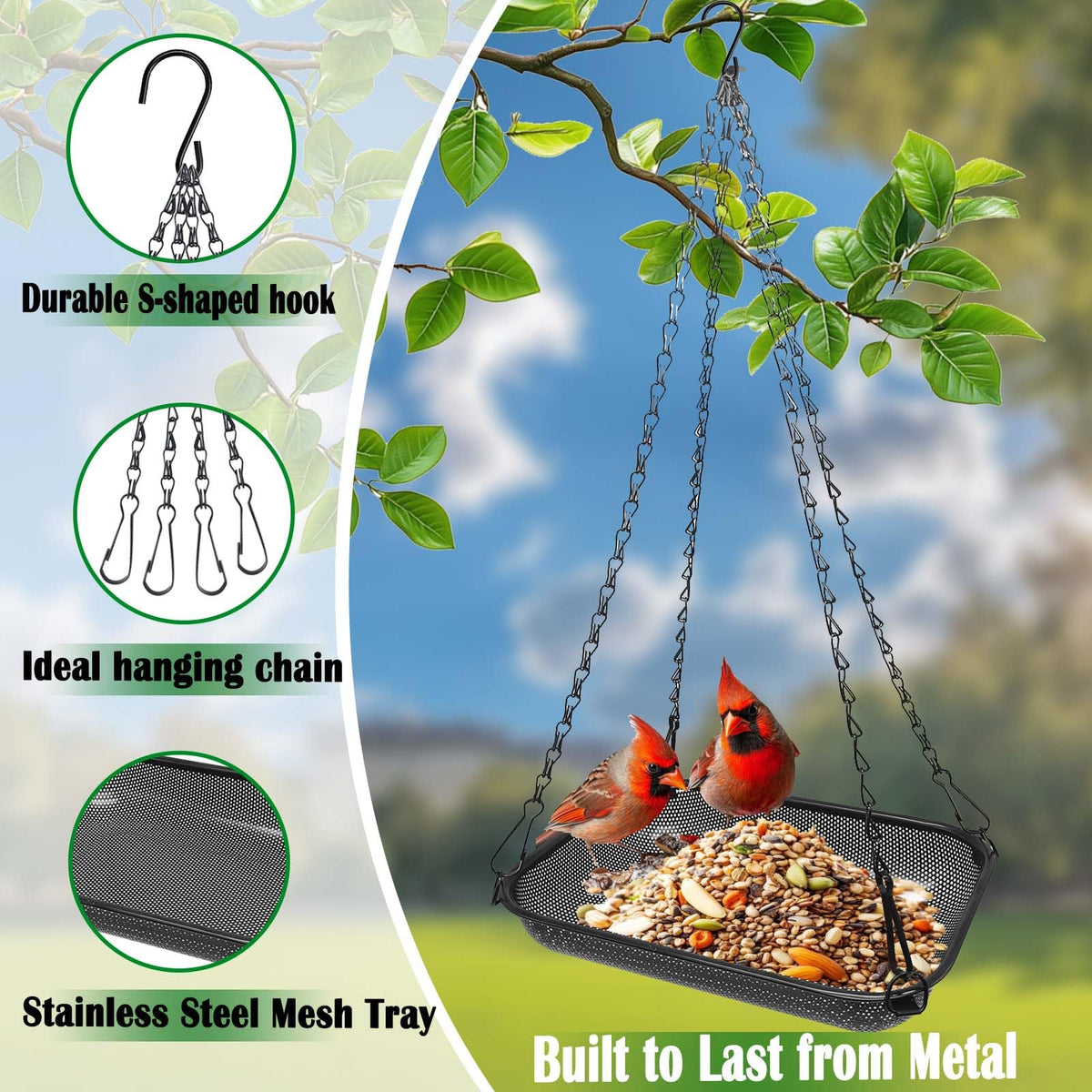 VIHSIPR metal mesh seed tray drains quickly to keep seeds fresh for birds.