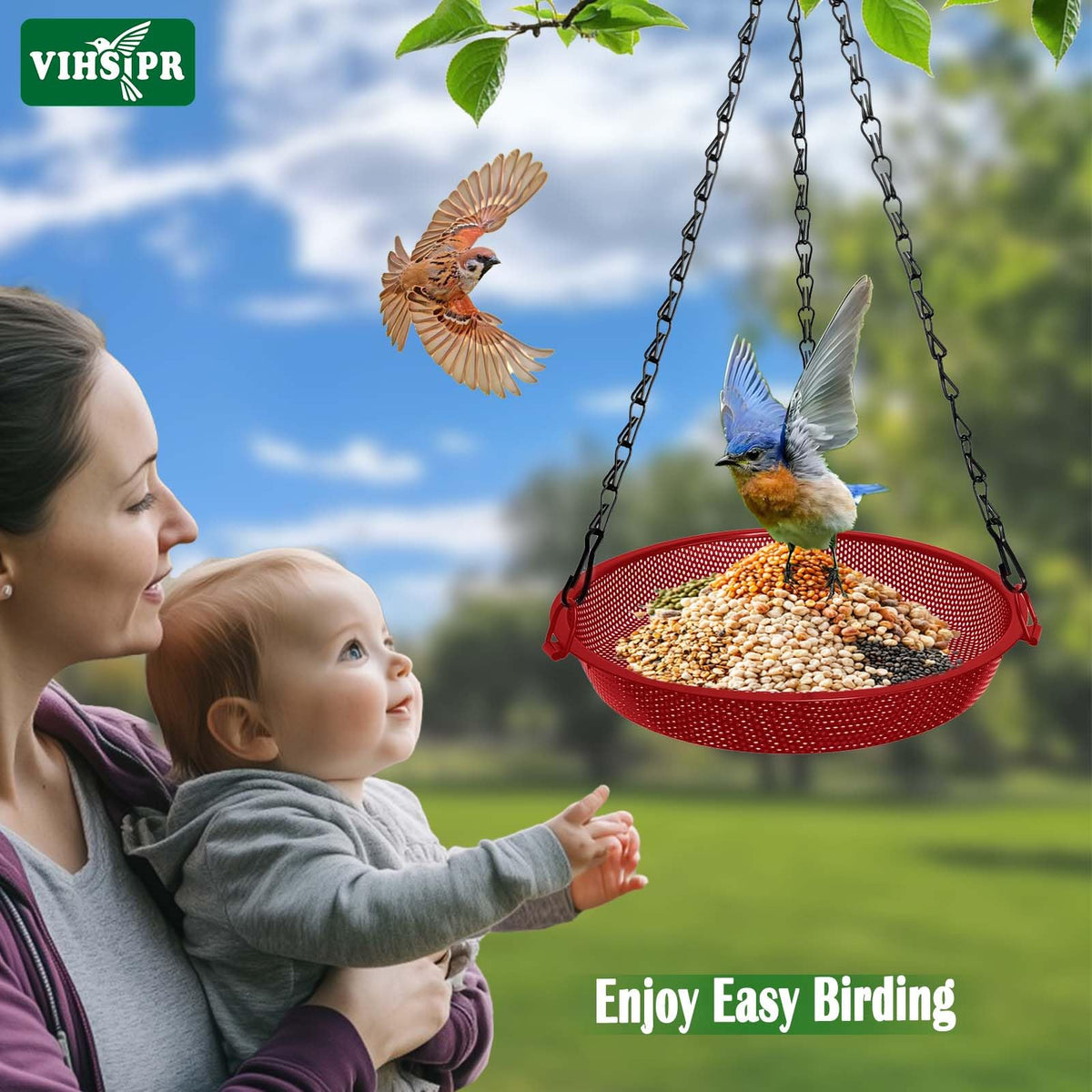 Large open tray enables quick seed refills for busy feeders.