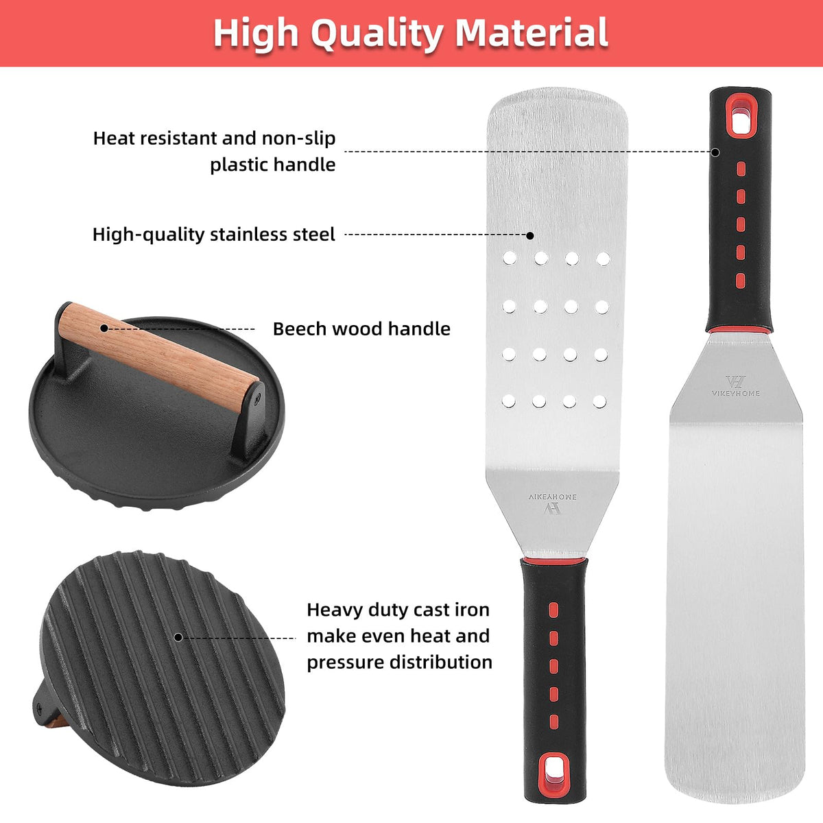 VIKEYHOME long spatula ready for flipping on a hot griddle