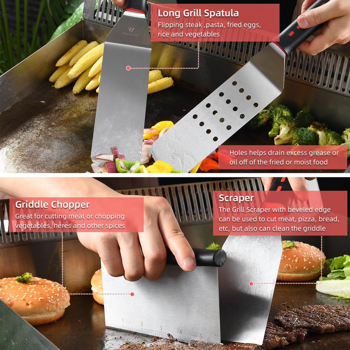 VIKEYHOME slotted spatula draining juices for safe transfer