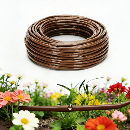 Vikua 1/4in drip tubing with 6in emitters in brown for even root-zone watering