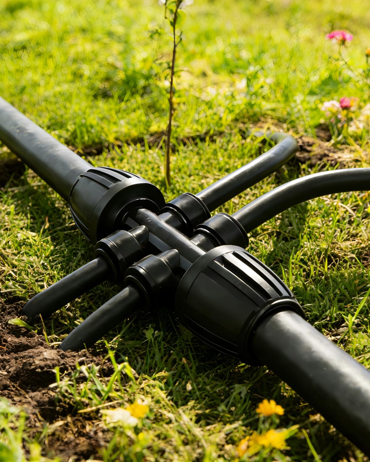 Vikua 6-way quick connector enables easy drip system assembly.