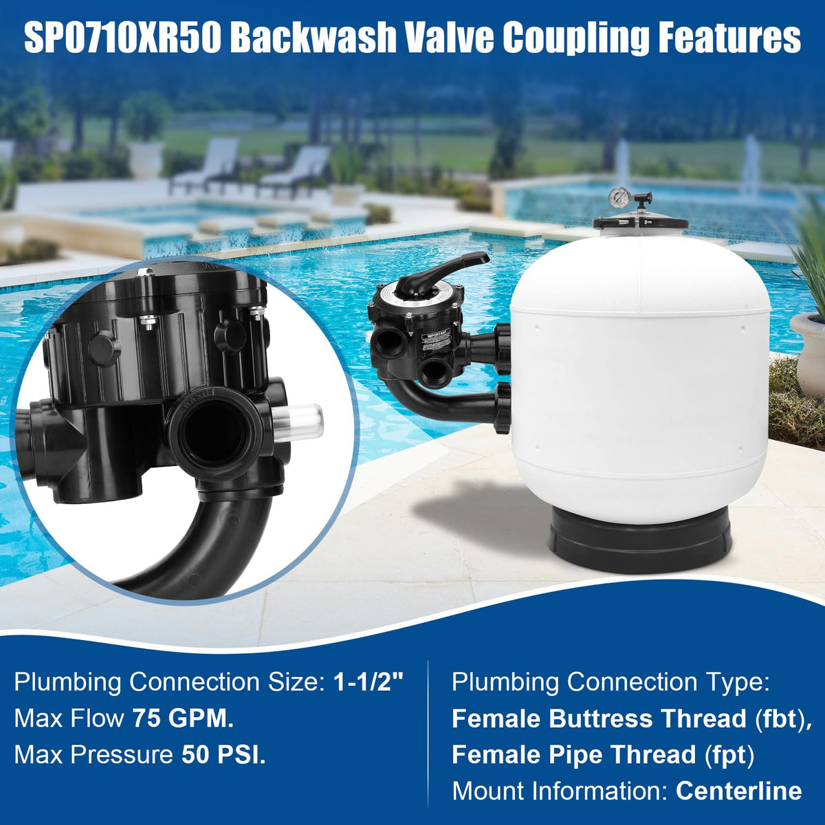 Built-in sight glass on Vikua SP0710XR50 lets you monitor backwash progress at a glance