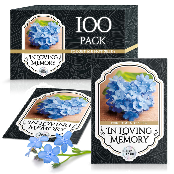 Vimtoba memorial Forget-Me-Not seed packet front with blue blooms for remembrance