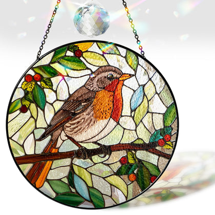 Vinatimes Robin Bird stained glass suncatcher catching sunlight for vivid color