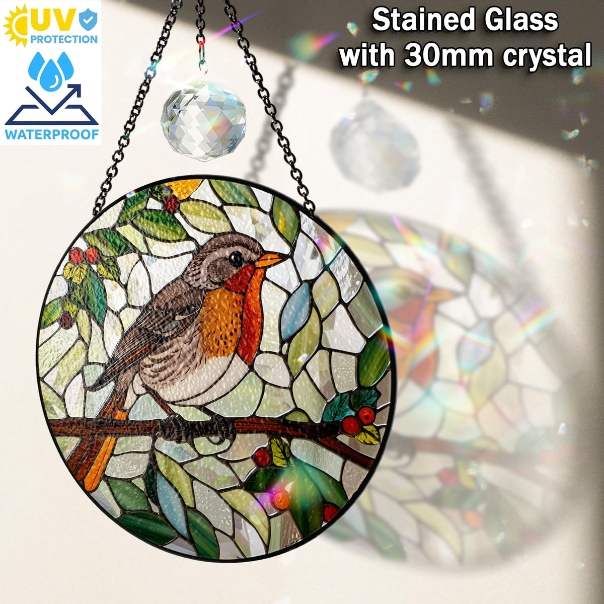 Vinatimes robin bird window hanging showcases kaleidoscopic reflections in sunlight
