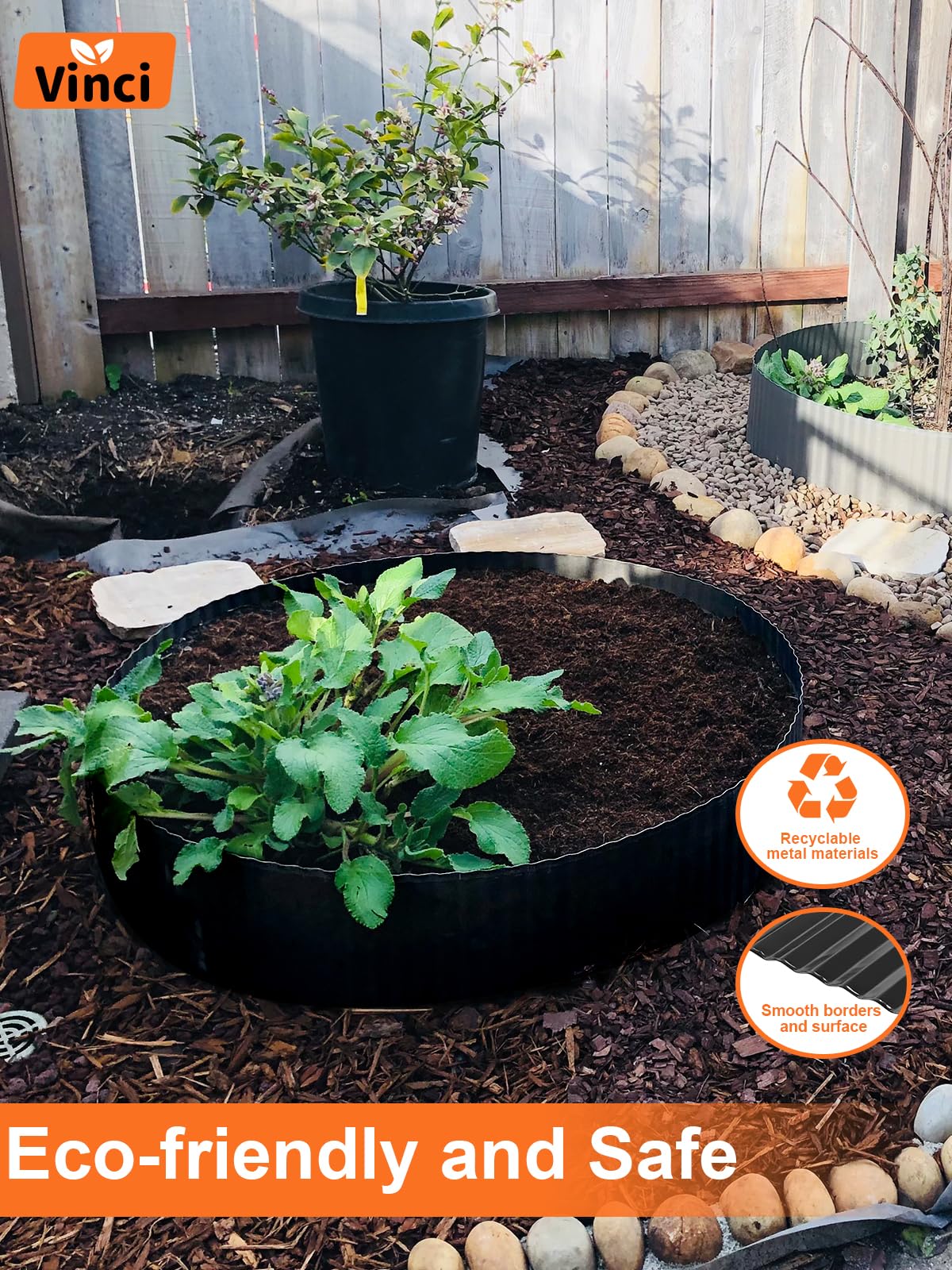 Vinci edging flexes to curve borders, keeping mulch contained.